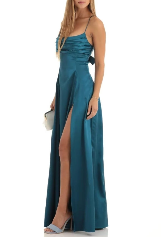 Straps Satin Prom Dresses Long for Women Formal Pleated Aline Corset Prom Dress with Slit